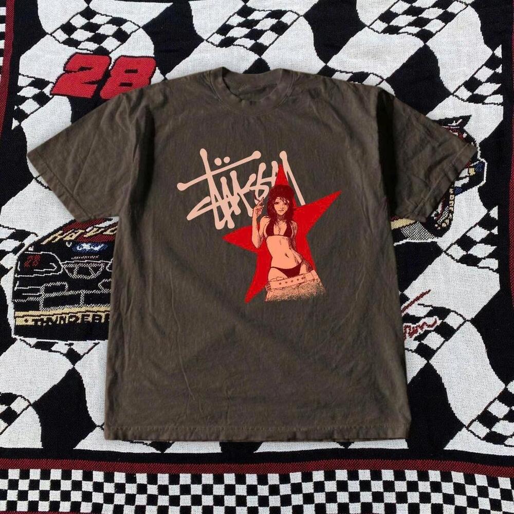 Brown StSsy Graphic Tee With Red Star And Girl